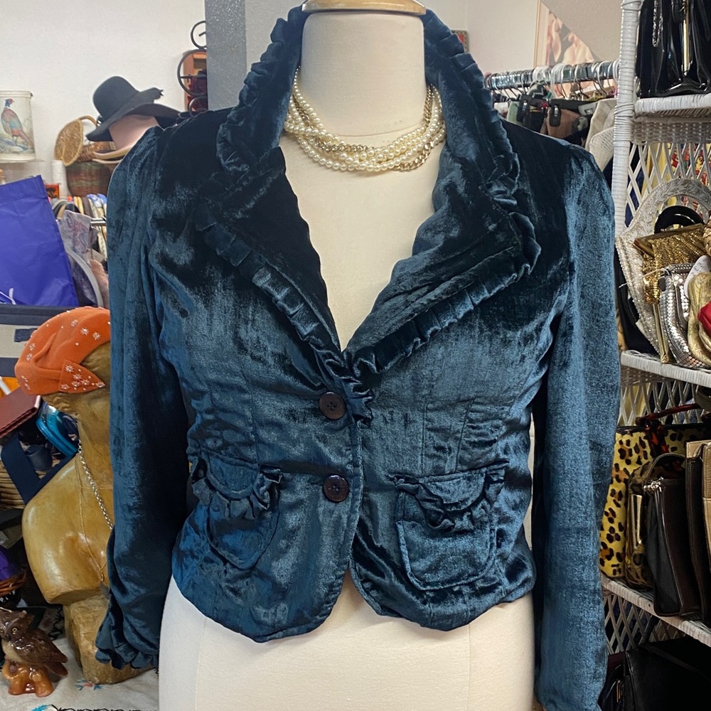 Velvet Ruffled, Edwardian style Jacket in Midnight Blue - XL